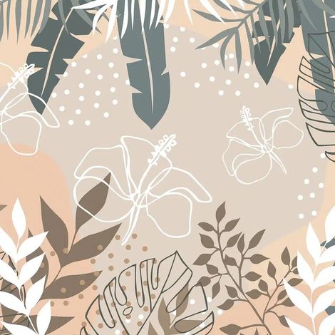 papier peint panoramique feuilles dessinées beige, marron et blanc  - Sanders & Sanders (1/5)