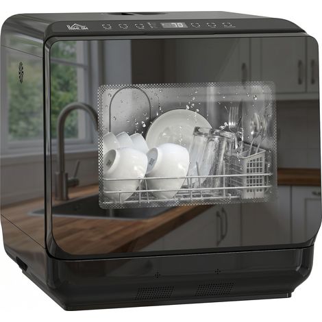 Lave-vaisselle de table, mini lave-vaisselle avec cuve de 6 litres, 5 programmes, affichage LED, fonction séchage, noir