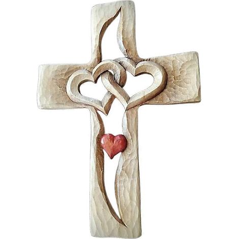 Ineinander verschlungene Herzen, geschnitztes Holzkreuz, Tischdekoration, religiöses Kruzifix