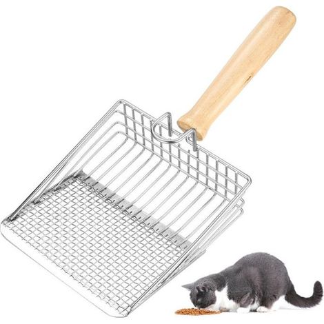 1 Pelle à litière, métal inoxydable, manche en bois, maille 7mm, nettoyage bac, chat (1/5)