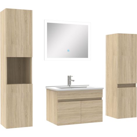 Ensemble meuble vasque 60cm + colonne de rangement + miroir lumineux Chêne Wotan (1/5)