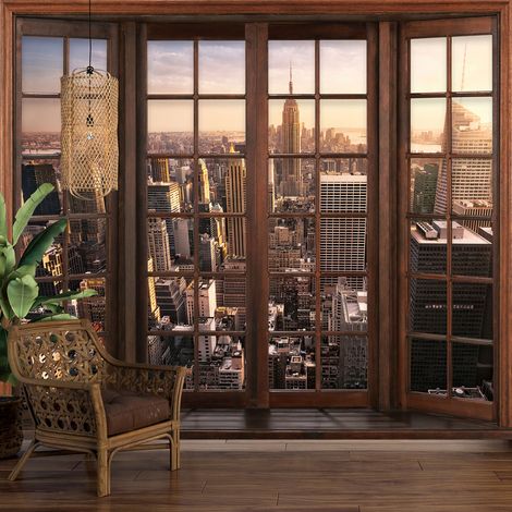 Papier peint panoramique Trompe l'oeil Fenêtre en bois - New York - 130 cm x 104 cm (1/5)