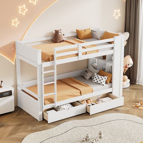 Etagenbett, Kinderbett, sechs Staufächer, zwei Staufächer, weiß, 90 x 200 cm