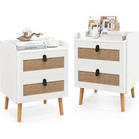 COSTWAY Set de 2 Mesitas de Noche, Mesillas de Noche Dormitorio con 2 Cajones de Ratán, Mesita de Noche con Acabado Blanco y Patas de Madera, Mesillas de Noche Bohemia (con 2 Cajones, 2 Piezas) (1/5)