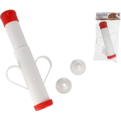 churrera economica de plastico ideal para hacer churros, blanca y roja ,facil limpieza, con 2 boquillas