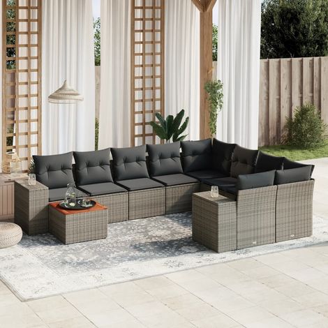 [Ensemble de Jardin Modulaire] Ensemble Salon Jardin 10 Pièces Gris Tressé Résine avec Coussins et Table en Acacia (1/5)