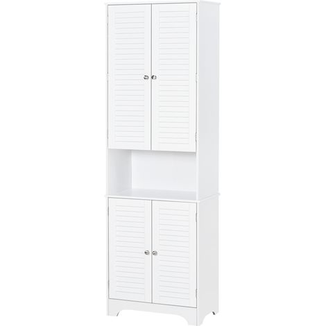 Tall Freestanding Bathroom Cabinet Retro Shutters w 3 Compartments Shelves Elevated Base Narrow Organiser White 60L 30W 182.5H cm (1/5)