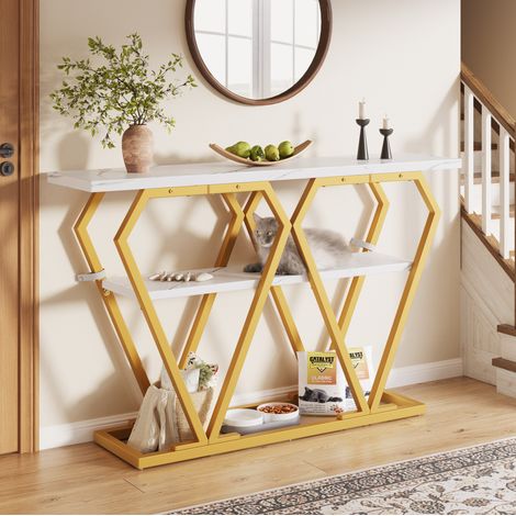 Tisch aus MDF und Metall, Weiß mit Marmoroptik & Gold, 120x29,5x80 cm, mit Ablagefläche (1/5)