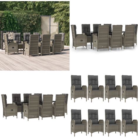 9-tlg. Garten-Essgruppe mit Kissen Schwarz und Grau Poly Rattan - Gartenessgruppe - Rattanstuhl (1/5)