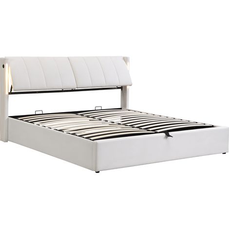 Cama capitoné LED 140 x 200 cm con almacenaje, USB integrado, cabecero ajustable, PU blanco (1/5)