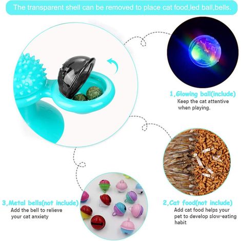 Jouet interactif pour chat en forme de moulin à vent, avec balle lumineuse LED, herbe à chat, ventouse et jouet d'exercice, bleu (1/5)