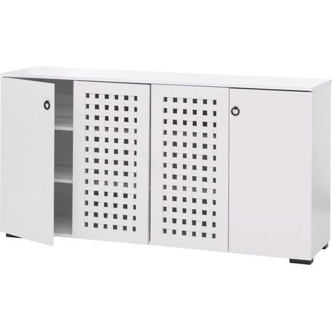 Aparador HHG-363, mueble aparador con cajones, diseño de mimbre 3D 4 puertas 9 compartimentos de almacenaje 83x159x37cm, blanco