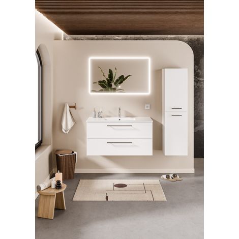 Meuble NEPTUNE Blanc 100cm -Vasque Centrée - Miroir Reflet (1/5)