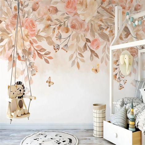 Papier peint floral roses suspendues et papillons 1 - 150 x 250 cm (1/2)