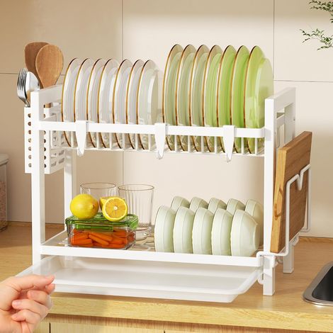 Egoutoire Vaisselle Cuisine Blanc à 2 Niveaux en (43.5 24.5 34.5) INOX avec Porte-ustensiles et bac d'égouttement (1/5)