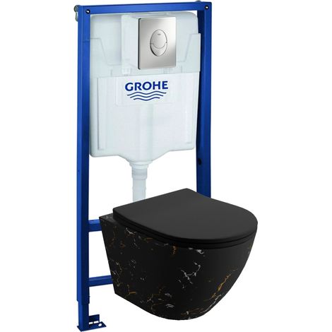 GROHE Bâti-support Skate Air + Lavita WC Sofi Slim Fire suspendu noir sans bord + panneau de commande Delta 25 chrome  Kit complet WC
