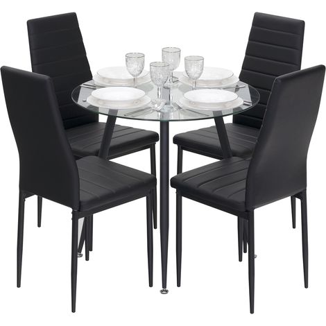 Conjunto de Mesa Corin con 4 Sillas Shirley Ø80x75 cm, Estructura Metálica Negra y Tapa de Vidrio Templado MOG Casa