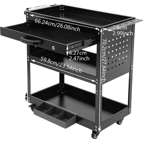Carro de taller de 3 niveles con cajón con cerradura, color negro. (1/2)