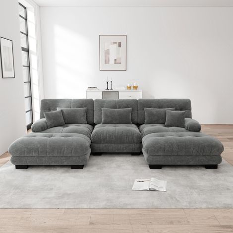 Canapé d'angle modulaire de luxe - Canapé Cloud surdimensionné en forme de U, idéal pour le salon, assise profonde convertible en canapé-lit, avec repose-pieds, gris chenille. (1/5)