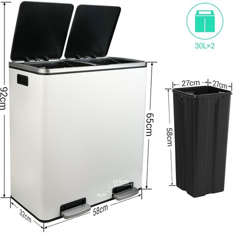 LIFERUN Mülleimer 2 Fächer, 2x 30 Liter Doppeleimern Mülltrennsystem Küche, Großer Abfalleimer Mit Sanft Schließender Deckel, Treteimer aus Metall, Mülltrennung, Cremefarben