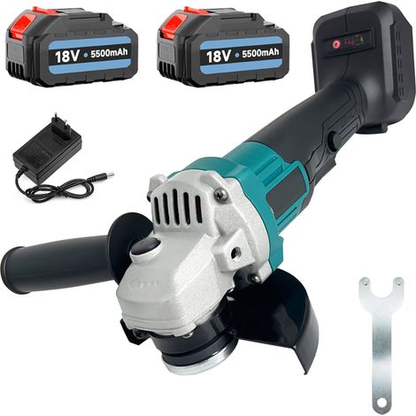 Smerigliatrice, smerigliatrice angolare a batteria, angolare 18V 800W 125mm, rettificatrice con impugnatura push, dotata di 2 batterie 5.5A e caricabatterie, compatibile con batterie Makita