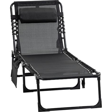 Chaise longue tumbona plegable tumbona con respaldo regulable en 5 posiciones reposacabezas extraíble bolsillo lateral funda textil estructura de acero 185 x 58 x 30 cm negro (1/5)