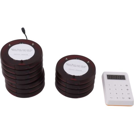 Lot de 10 bipeurs ronds sans fil pour restaurants et bars, avec vibration, signal sonore et LED clignotante (100-240 V, prise européenne). (1/5)