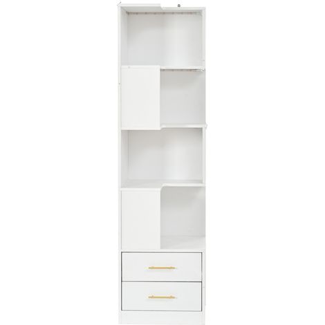 Librería esquinera blanca de 165 cm con LED y 2 cajones, estante de 4 baldas de aglomerado (1/5)