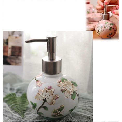 Distributeur de savon céramique fait main, flacon lotion peintures chinoises bleu, pompe métal blanc rechargeable, pour salle de bain, cuisine, douche (1/5)