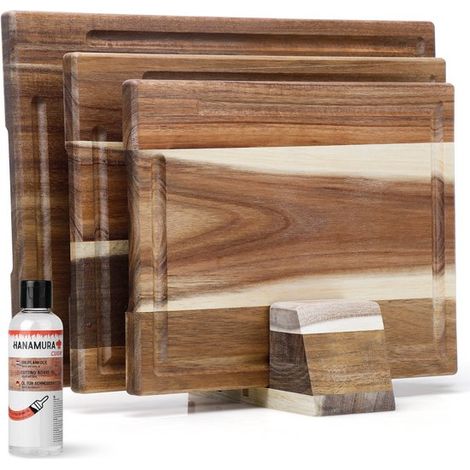 Ensemble de 3 planches à découper en bois d'acacia - Avec support - Rainure pour jus - Huile et brosse incluses - Hygiénique et durable (1/5)