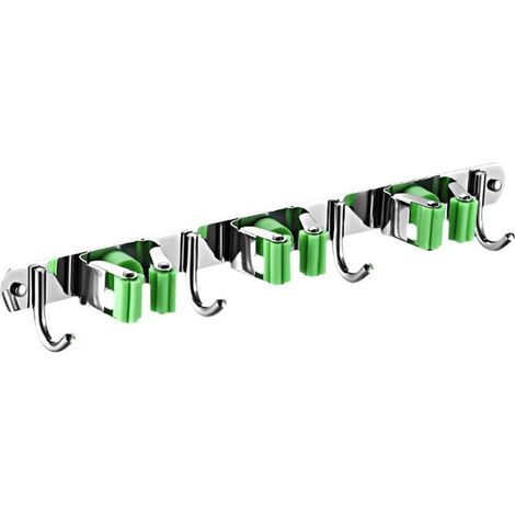 Porte balais mural support balai porte balais mural inoxydable mop support avec 3 clips et 4 crochets pour cuisine jardin balcon garage (1/5)