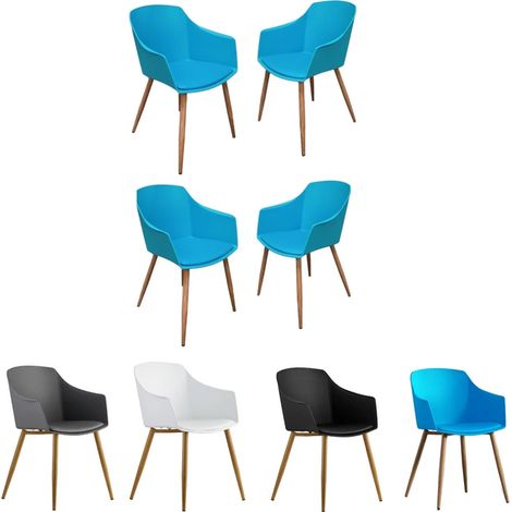 Set of 4 Eden Modern Plastic Dining Chairs with Faux Leather Cushions and Solid Wood Legs - Armchair for Dining Room Kitchen Office - Blue (1/5)