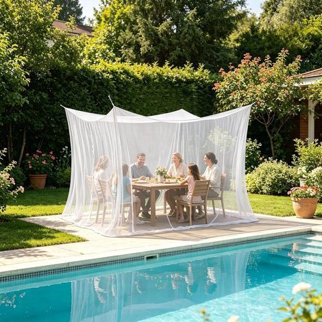 Moustiquaire 300 × 300 × 240 cm – Pour gazebo, jardin, terrasse, camping, lit – 220 mailles fines avec 1 porte – Blanc (1/5)