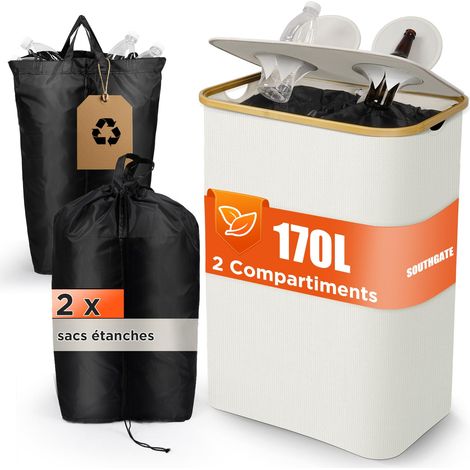 170L Collecteur de Bouteilles Avec Couvercle, 2 Compartiments Poubelle Recyclage, 2 Réutilisables Sac Recyclage, Poubelle Tri Selectif Pour Plastique, Bouteilles Verre, Blanc Laiteux (1/5)