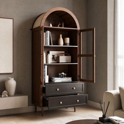 Buffet vitré rétro 70x38x168 cm, étagères réglables, noyer, MDF et verre, FloraGrace (1/5)