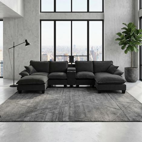 Canapé Panoramique en U Modulable 362x151x90 cm - Design Nuage en Chenille - avec Coffre, USB, Porte-Gobelet et 2 Poufs - Grand Salon - Noir