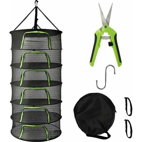 Secador colgante de hierbas, malla de 6 capas de 0,6 m para hierbas, flores, bulbos, peces, secador colgante redondo grande plegable con cremallera verde, tijeras de podar, gancho (1/4)