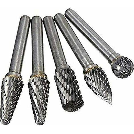 Fraises Diamant, 5 PCS 6mm Queue Tête Tungstène Carbure Double Coupe Rotary Burr Set Pour Travail du Bois Gravure Die Grinder Carving Burr Bit Set (1/4)