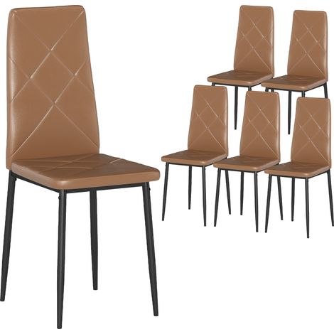 Set di 6 Sedie da Pranzo Moderne con Schienale Alto in Finta Pelle e Acciaio, 41x50x97 cm, Marrone