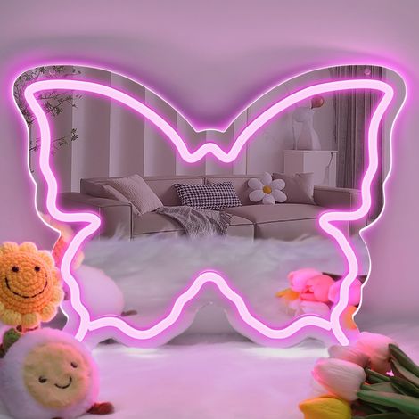 Miroir néon en forme de papillon — Cadeau d'anniversaire idéal pour ados et enfants Miroir mural pour chambres de filles, alimentation USB (Rose) (1/5)