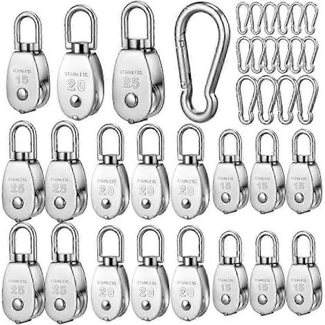 Lot de 16 poulies simples M15, M20 et M25, en acier inoxydable, pivotantes, pour le chargement de câbles métalliques. (1/5)