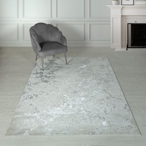 Marbled Rug for Living Room Bedroom Aurora AU03 Solar Quality Modern Abstract Soft Silky Shiny Silver Grey Rug in Large 160x230 cm (5'3"x7'7") (1/4)