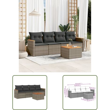 The Living Store 5-tlg. Garten-Sofagarnitur mit Kissen Grau Poly Rattan - Gartenmöbel - Outdoor Möbel - Rattan Sofa - Esstisch Set - Lounge Set (1/3)