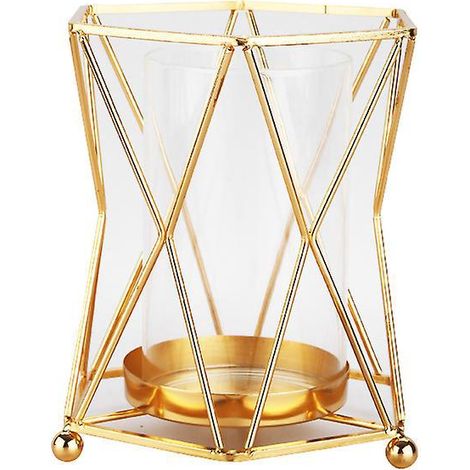 Vase en verre avec support géométrique en métal, bougeoir doré pour bougies piliers, bougeoir ouragan de 19 cm de haut, centre de table pour la maison, le bureau ou le salon. (1/5)