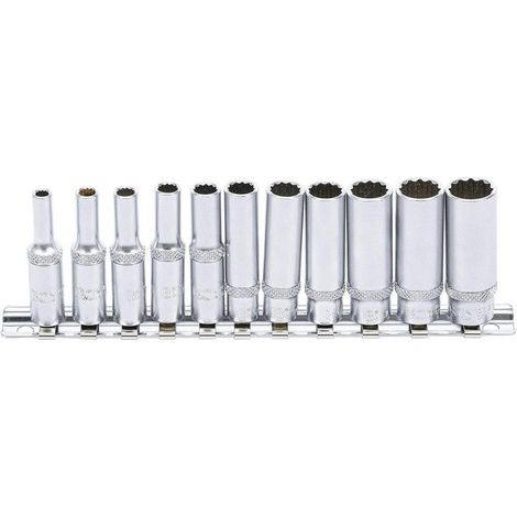 Jeu de Douilles Longues 6,3 mm (1/4) 4-13 mm - 11 pcs, Douze Pans - Précision et Polyvalence, Acier - D-Work (1/5)