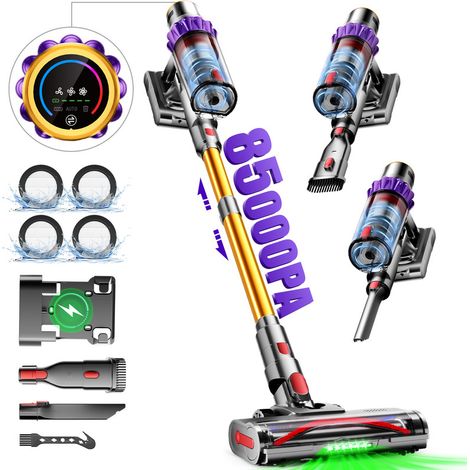 Aspirateur balai sans fil 85 000 Pa 750 W avec écran tactile – Aspirateur à main pour poils d’animaux, tapis et sols durs, autonomie 70 min, 3 vitesses, bac à poussière 1,8 L, Authmic, Doré (1/5)
