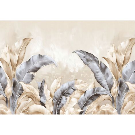 Papier peint avec des feuilles bleu beige sur fond béton, décoration murale pour salle à manger et salon – 400 x 280 cm papier peint intissé Wallarena