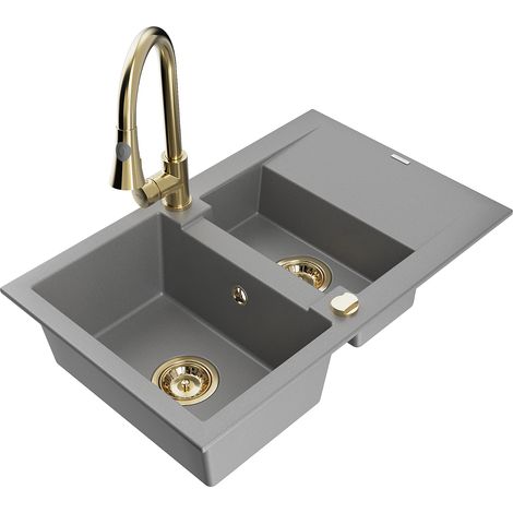 Mexen Gaspar évier en granit 1,5 bac avec égouttoir et robinet de cuisine Elia, gris - 6507-71-670101-50 (1/5)