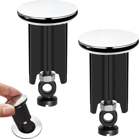 Tapón de desagüe retráctil con tornillo, compatible con todos los fregaderos de baño y cocina estándar, color negro, paquete de 2 unidades. (1/5)