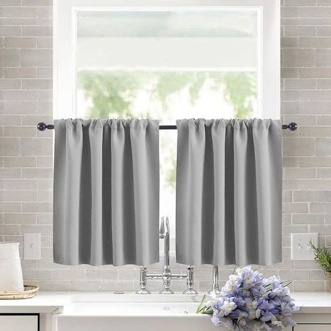 Plain blackout cafe curtain with rod pocket, 76x63cm, Set of 2 Grey curtains for modern living room/entrance door (1/5)